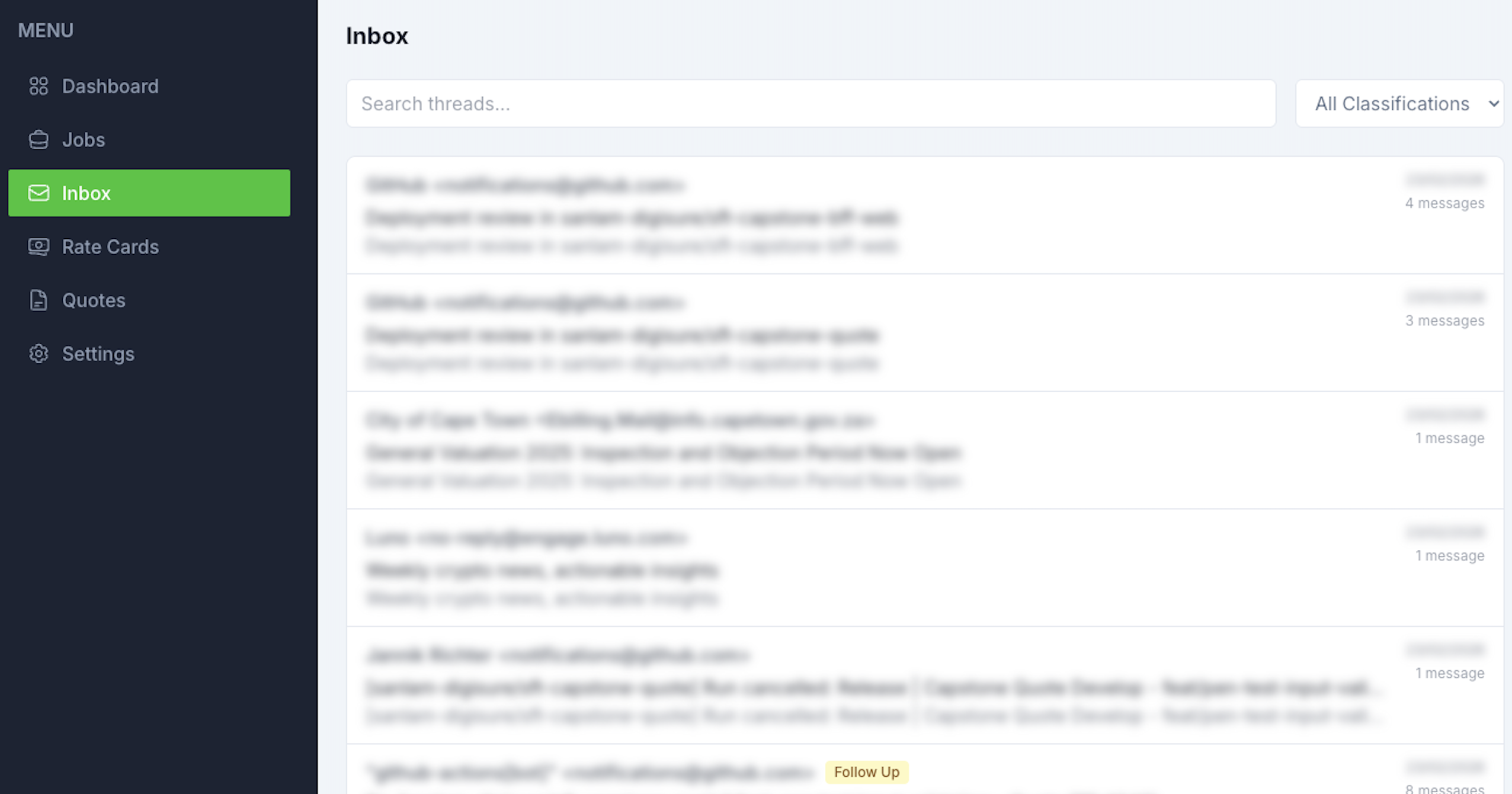 Greenlight inbox with classified email threads and follow-up badges